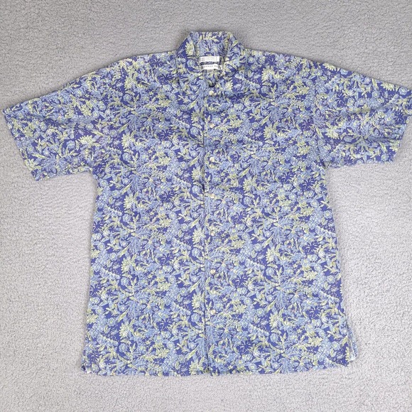 Vintage‎ Geoffrey Beene Hawaiian Shirt Mens Medium Blue Floral Button Up Camp - Picture 1 of 12